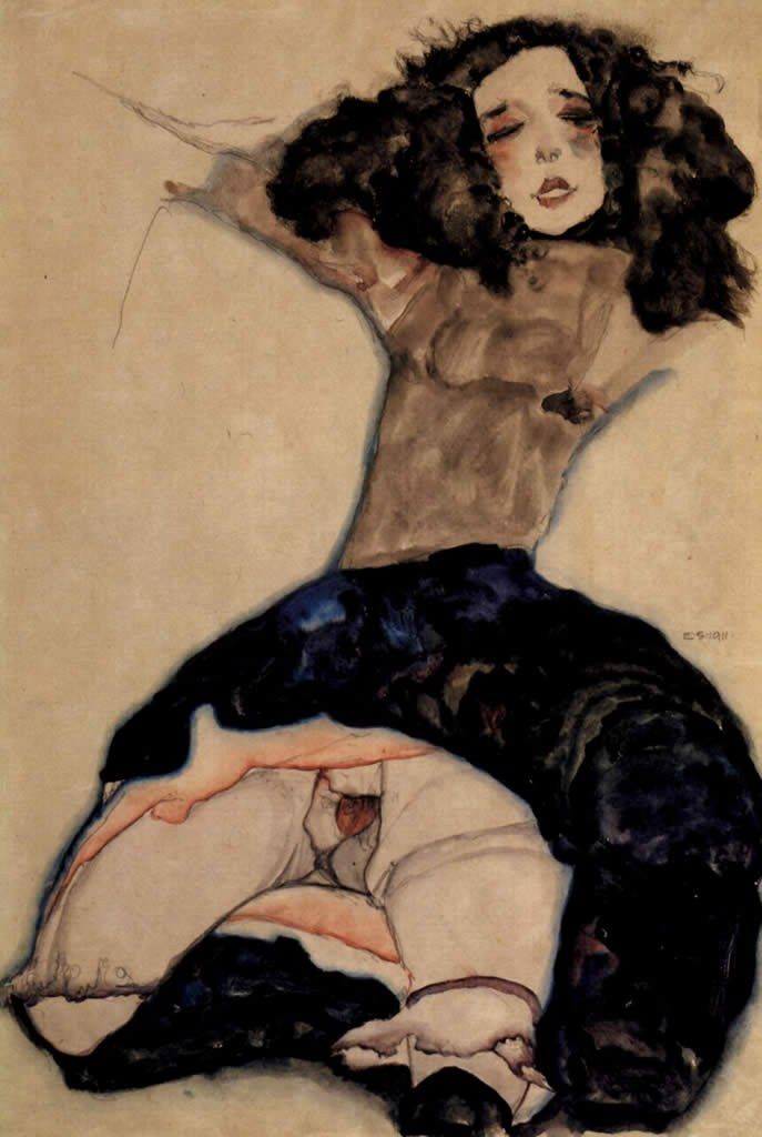 Egon Schiele Black haired girl with high skirt